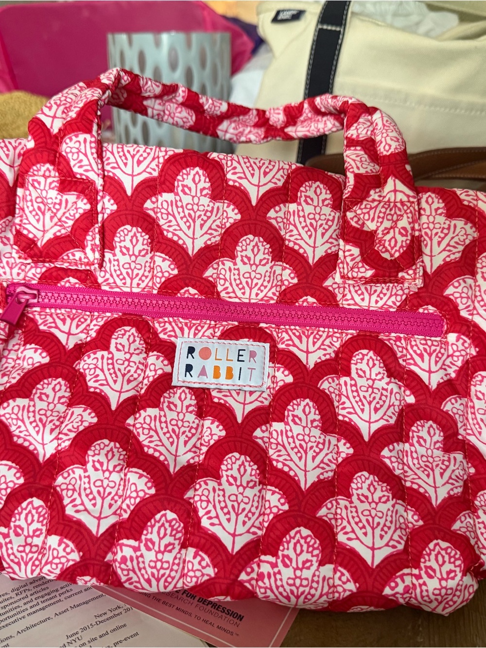 Roller Rabbit Pink & Red Quilted Nylon Tote